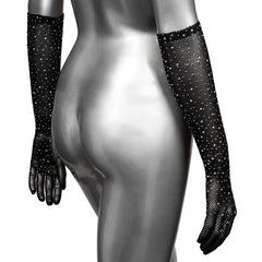 Radiance gloves on silver mannequin highlighting stretchy black fishnet fabric with crystal dots