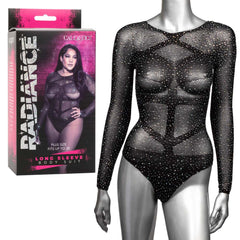Radiance Long Sleeve Body Suit plus size black rhinestone mesh bodysuit with product box