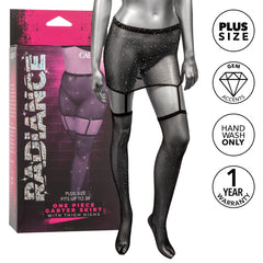 Radiance one-piece garter skirt with thigh highs beside box showing plus size and gem accents icons