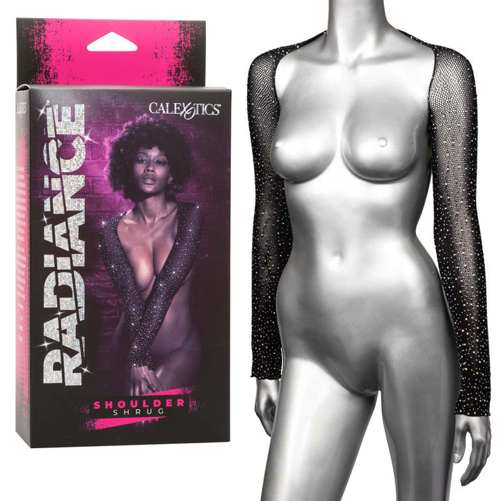Radiance Shoulder Shrug by CalExotics in black rhinestone mesh, shown on mannequin with retail box
