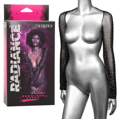 Radiance Shoulder Shrug by CalExotics in black rhinestone mesh, shown on mannequin with retail box