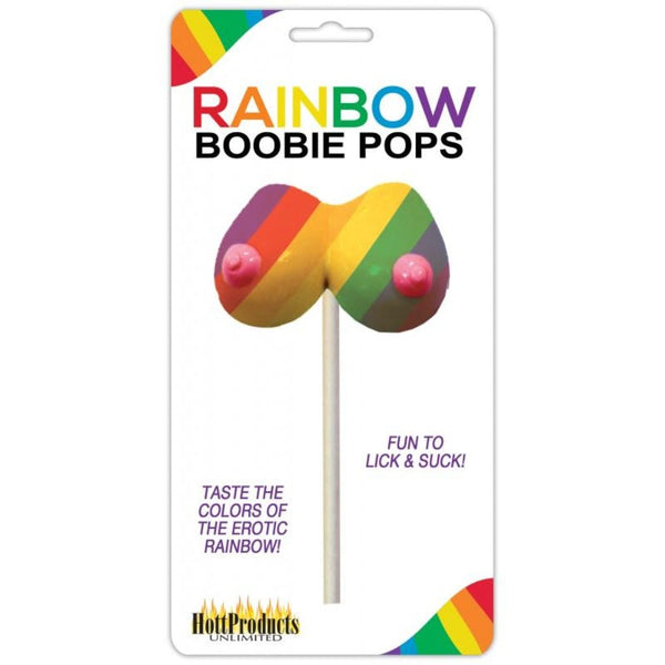 Rainbow Boobie Pops by Hott Products in retail packaging, rainbow-striped hard candy on a stick