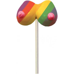Close-up of Rainbow Boobie Pops lollipop showing vibrant six-color diagonal stripe detail