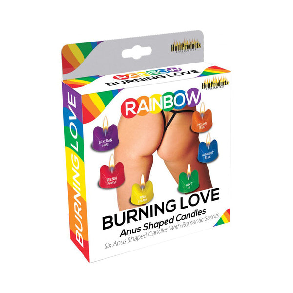 Rainbow Burning Love Anus Candles retail box featuring six scented novelty candles