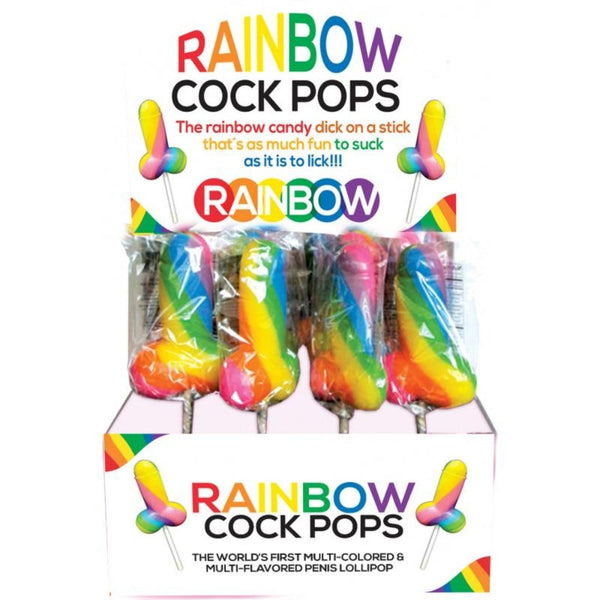 Rainbow Cock Pops display box of 12 multicolored novelty candy lollipops by Hott Products