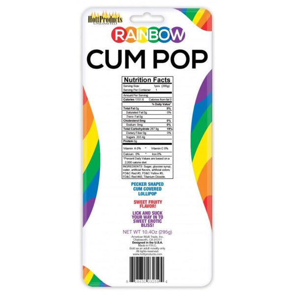Rainbow Cum Pop back packaging showing nutrition facts label and sweet fruity flavor ingredients