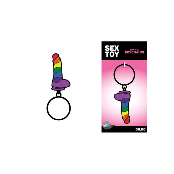 Rainbow dildo keychain shown beside its pink Sex Toy Enamel Keychains retail packaging