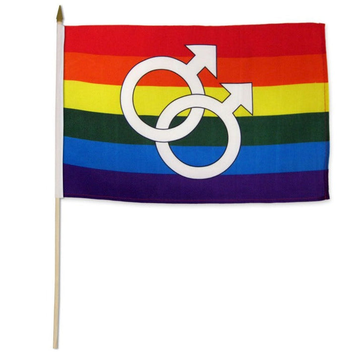 Rainbow Double Mars Stick Flag 12x18 with white interlocked male symbols on striped pride colors