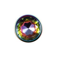 Close-up of the rainbow faceted crystal gem base on the Evolved Rainbow Metal Plug Large