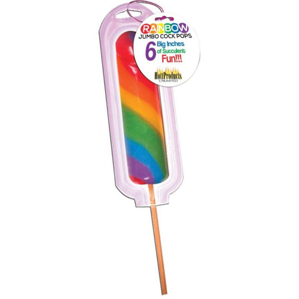 Rainbow Jumbo Candy Cock Pop by Hott Products in colorful swirl packaging, 6-inch hard candy