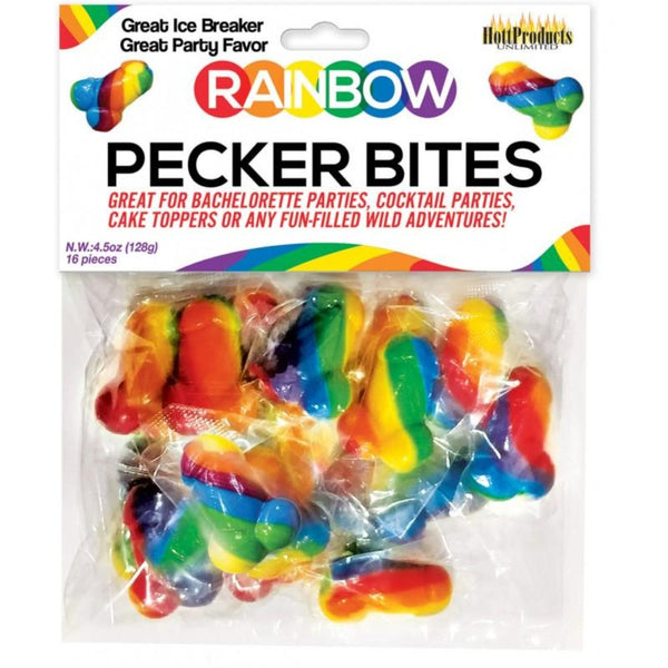 Rainbow Pecker Bites candy bag by Hott Products, 16 rainbow-swirled gummy novelty pieces