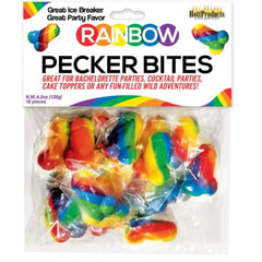 Rainbow Pecker Bites candy bag by Hott Products, 16 rainbow-swirled gummy novelty pieces