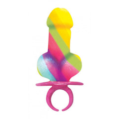 Rainbow Pecker Candy Finger Ring showing multicolor swirled candy shape on a pink adjustable ring base