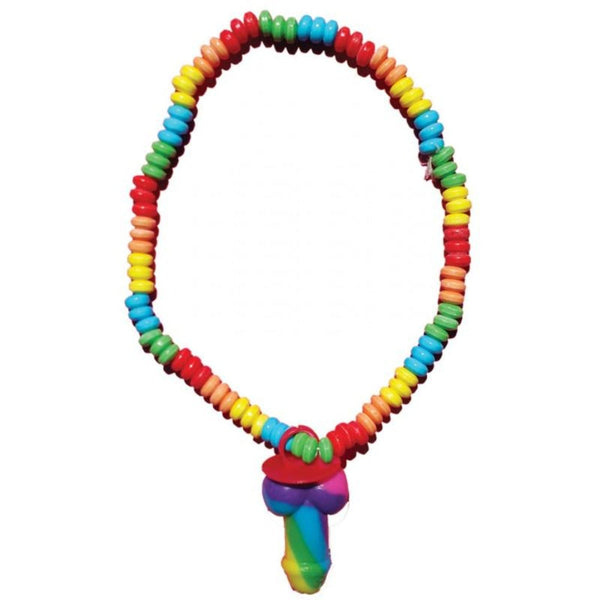 Rainbow Pecker Candy Necklace displayed fully, showing multicolor candy beads and novelty pendant