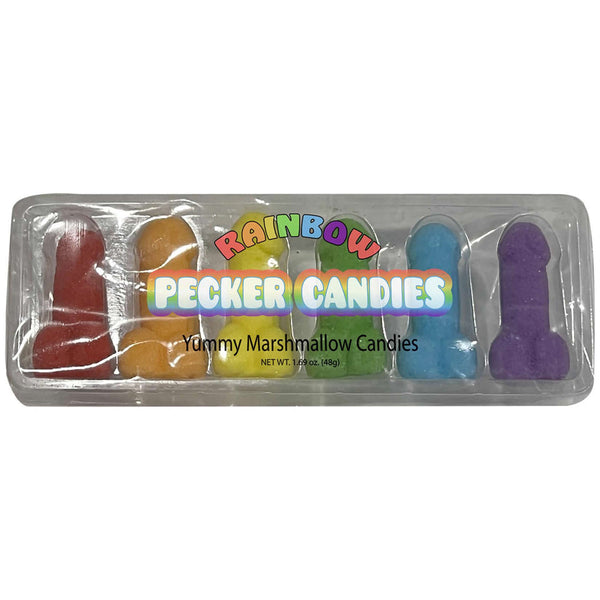 Rainbow Pecker Marshmallow Candies in a clear tray, six colorful novelty shaped sweets
