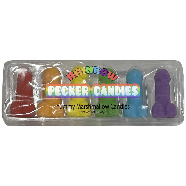 Rainbow Pecker Marshmallow Candies in a clear tray, six colorful novelty shaped sweets