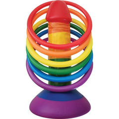 Rainbow Pecker Party Ring Toss set showing suction base and six stacked multicolor rings