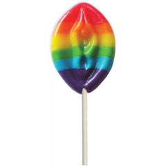 Close-up of Rainbow Pussy Pop lollipop showing vibrant layered rainbow colors on stick