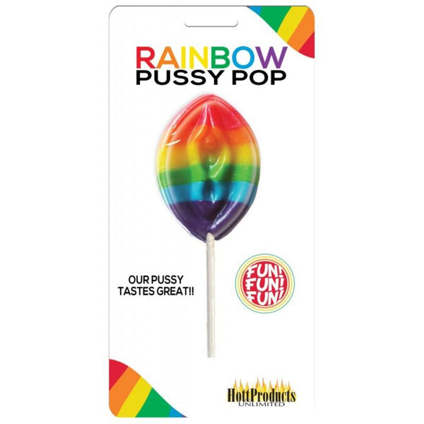Rainbow Pussy Pop novelty candy lollipop by Hott Products in rainbow-striped hard candy