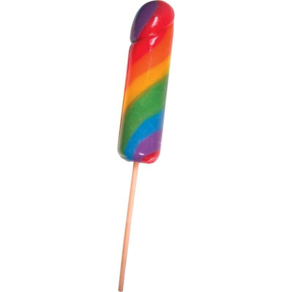 Rainbow swirl phallic-shaped lollipop on a stick showing vivid multi-color candy detail
