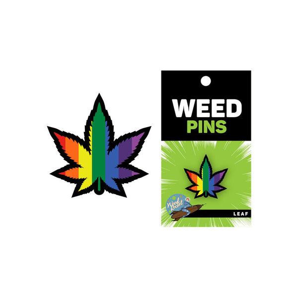 Rainbow weed leaf enamel pin beside its green Weed Pins card packaging, labeled Leaf