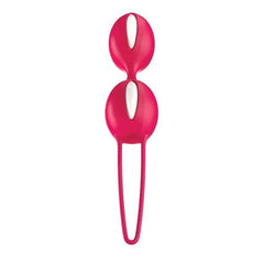 Raspberry pink Smartballs Duo viewed from above, showing oval dual-ball shape and loop