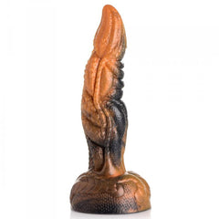 Ravager rippled tentacle dildo showing full side profile with textured scale detailing in orange-black