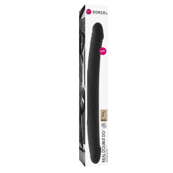 Dorcel Real Double Do black silicone double-ended dildo shown beside its retail box packaging