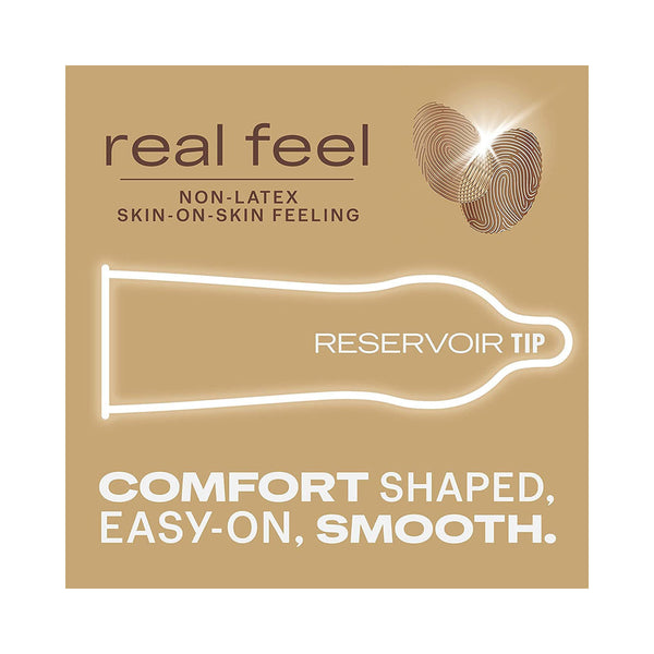 Real Feel condom back panel showing reservoir tip and comfort-shaped smooth design