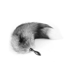 Real Fox Tail plug displaying full grey and white faux fur tail length attached to tapered metal base