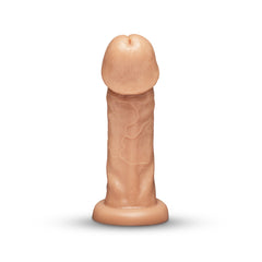 Realistic dildo front view showing detailed glans and veined texture, medium skin tone