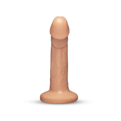 Realistic dildo front view showing smooth tapered head and veined shaft in a warm beige silicone