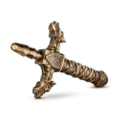 The Realm Drago dragon sword handle shown at a horizontal angle, revealing dual dragon-head guard detail