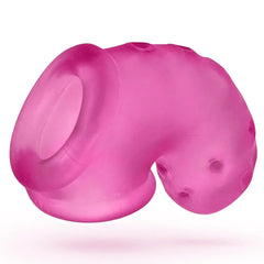 Rear view of Airlock pink chastity cage showing circular base ring and vent holes