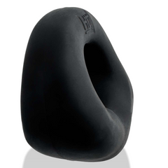 Rear-angle view of black Fit Bulge cockring with embossed HUJ logo detail