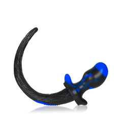 Rear angle of Bulldog puppy tail plug showing textured base and flowing black curved tail
