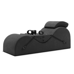 Rear angle of Liberator Esse Valkyrie chaise in charcoal microfiber with wrist cuff attachments