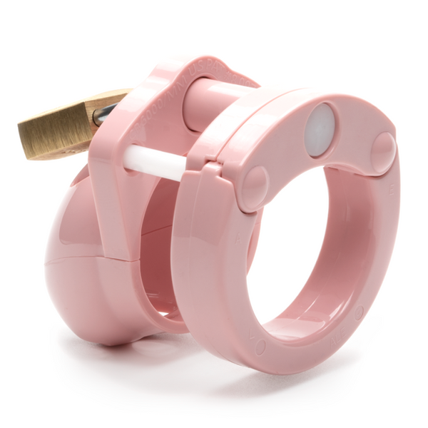 Rear angle of pink Mini-Me Cock Cage showing locking pin bar and circular base ring detail
