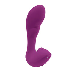 Rear angle of purple Arch vibrator showing smooth silicone texture and charging ports