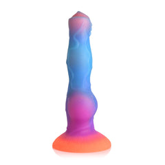 Rear angle of the Space Cock alien dildo displaying pink-blue marbled silicone and bulbed base