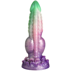 Rear view of Aqua Phoenix Dildo showing ridged textured shaft and layered purple suction base