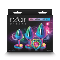 Rear Assets 3-piece metal plug kit packaging showing rainbow plugs with heart-shaped gem detail