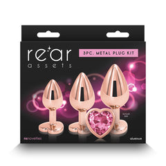 Rear Assets 3Pc Metal Plug Kit packaging showing rose gold plugs with pink heart jewel