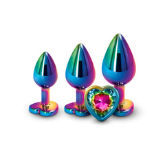 Rear Assets Heart Kit three multicolor aluminum anal plugs with rainbow heart gem bases