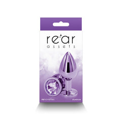 Rear Assets Medium purple plug in retail packaging by NS Novelties, aluminum material noted