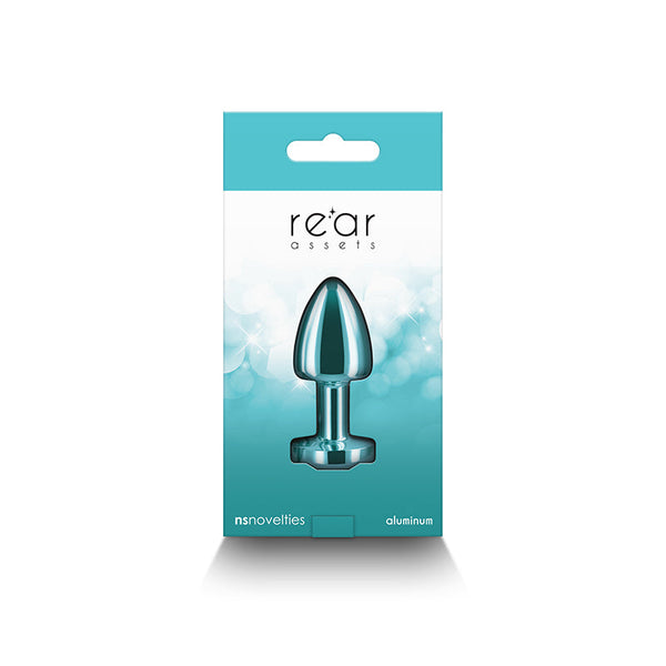 Rear Assets Petite anal plug inside its teal retail box, front-facing view of complete boxed product