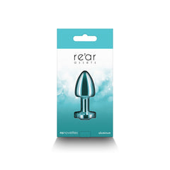 Rear Assets Petite anal plug inside its teal retail box, front-facing view of complete boxed product
