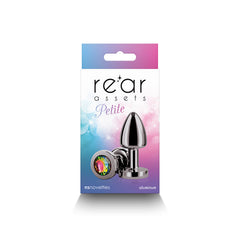 Rear Assets Petite product packaging showing rainbow gem aluminum plug by NS Novelties