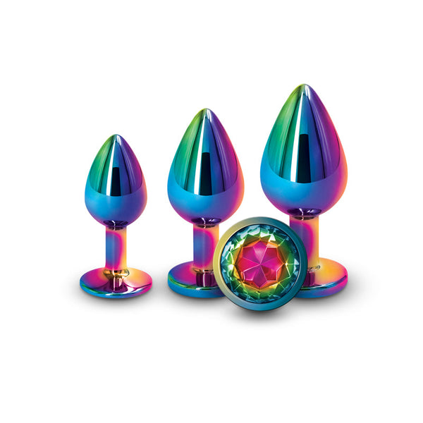 Rear Assets Rainbow 3-piece aluminum anal plug kit with multicolor gemstone bases