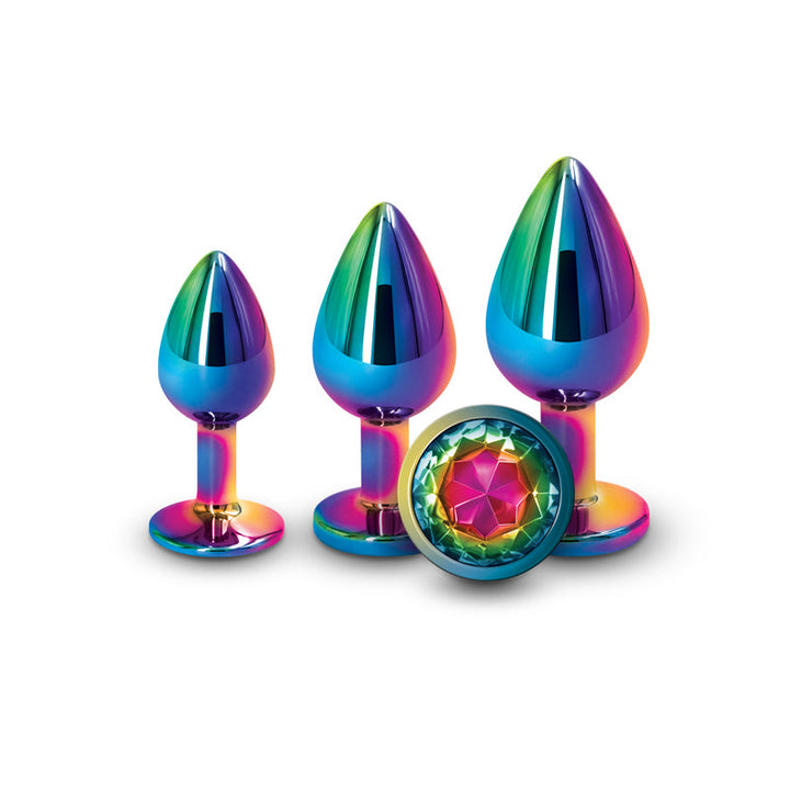 Rear Assets Rainbow 3-piece aluminum anal plug kit with multicolor gemstone bases